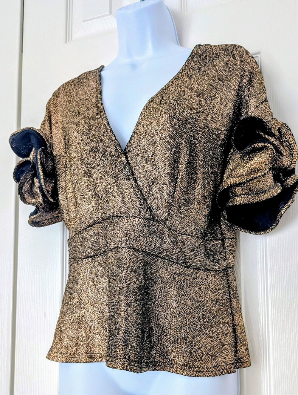 Haute Monde Metallic Gold V-Neck Peplum Top with Ruffle Sleeves